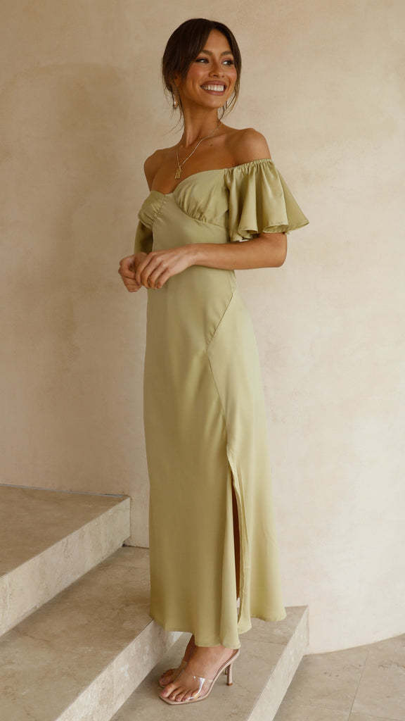 Green Off-Shoulder Flared Sleeve Maxi Dress