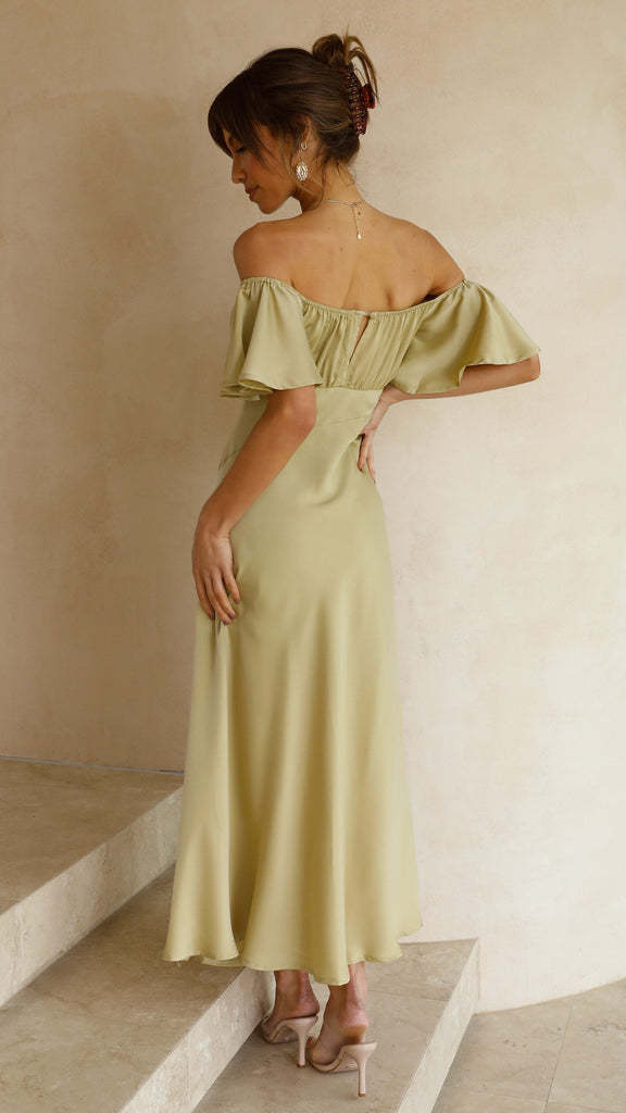 Green Off-Shoulder Flared Sleeve Maxi Dress