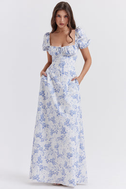 Blue & White Floral Printed Square Neck Puff Sleeves Maxi Dress
