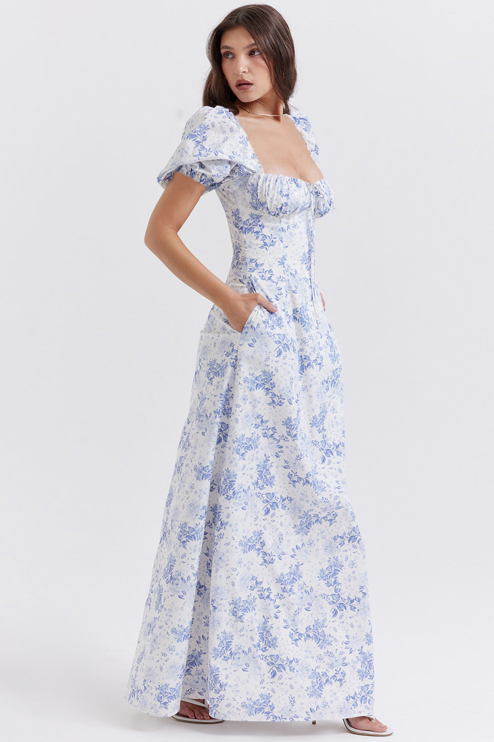 Blue & White Floral Printed Square Neck Puff Sleeves Maxi Dress