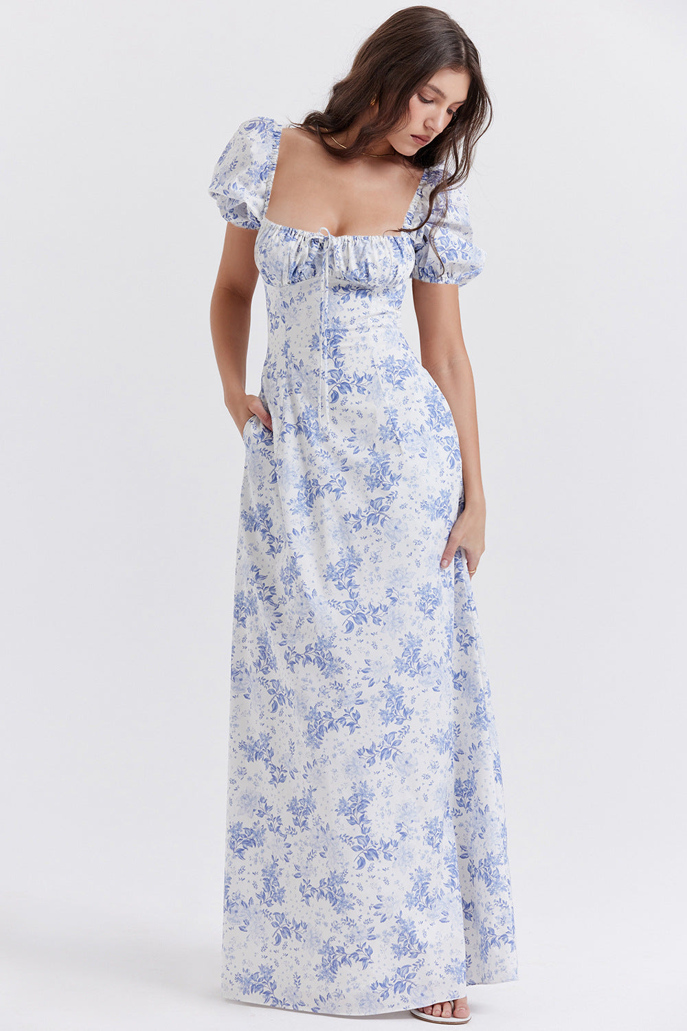 Blue & White Floral Printed Square Neck Puff Sleeves Maxi Dress
