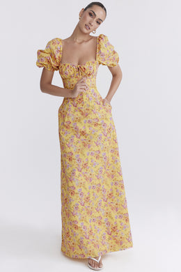 Yellow Floral Printed Puff Sleeve Maxi Dress