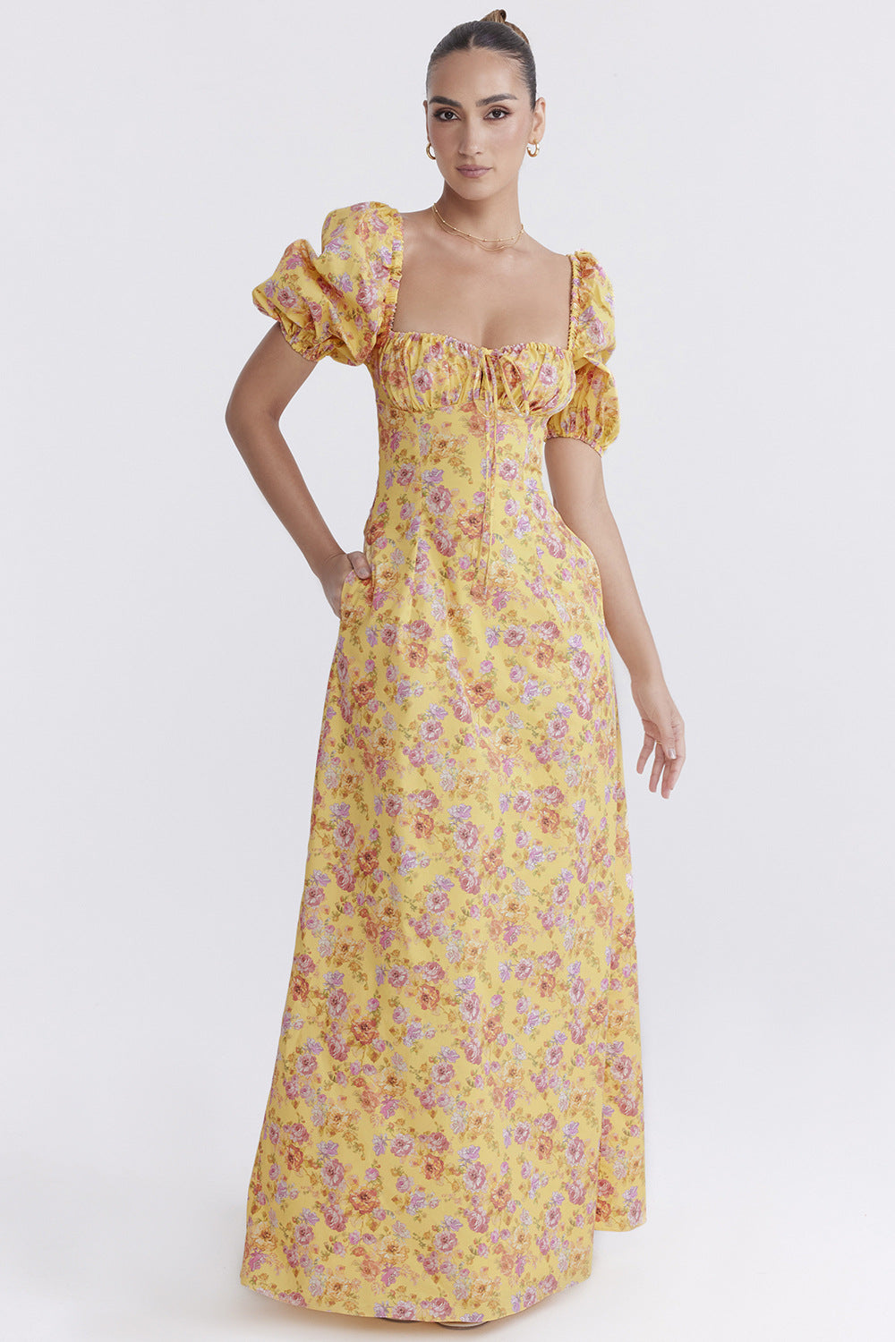 Yellow Floral Printed Puff Sleeve Maxi Dress
