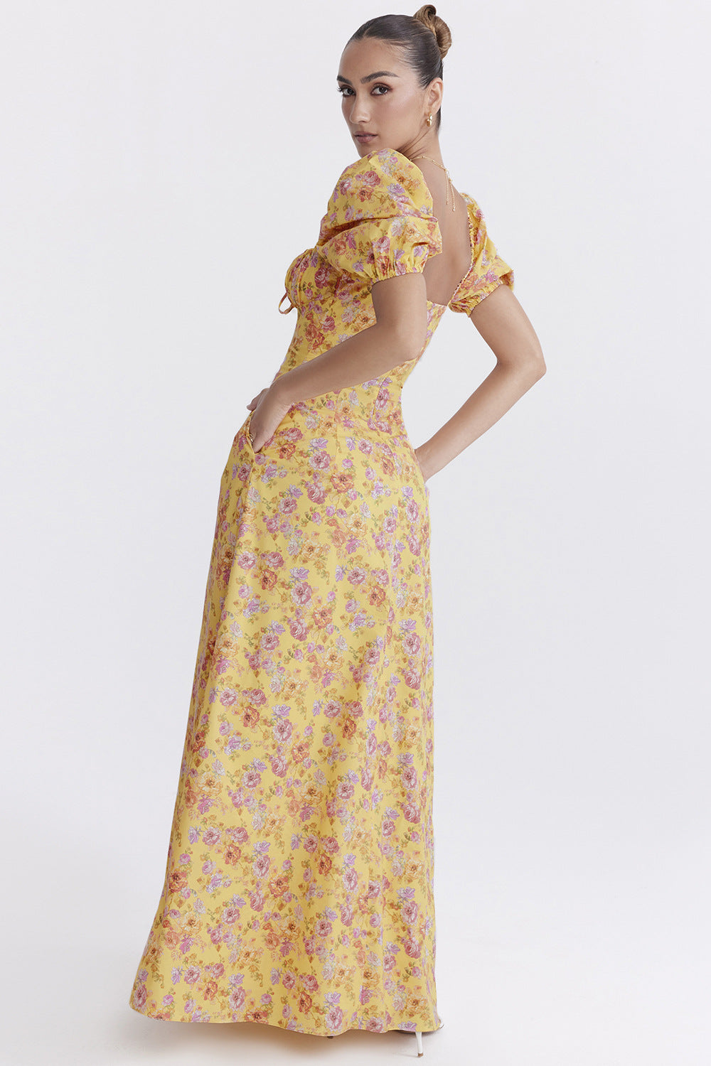 Yellow Floral Printed Puff Sleeve Maxi Dress