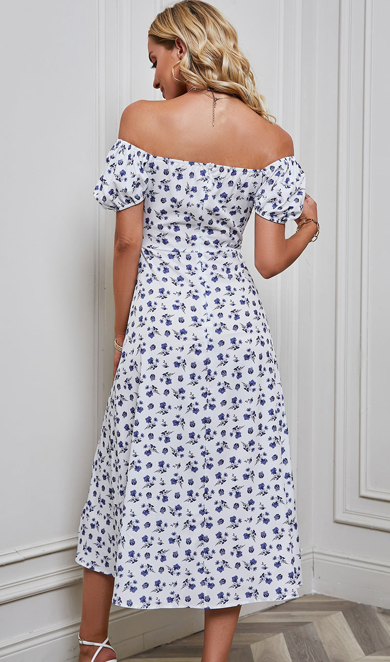 White Floral Printed Square Neck Puff Sleeve A-Line Midi Dress