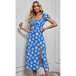 Blue Floral Printed Square Neck Puff Sleeves Tie-Ups A-Line Midi Dress