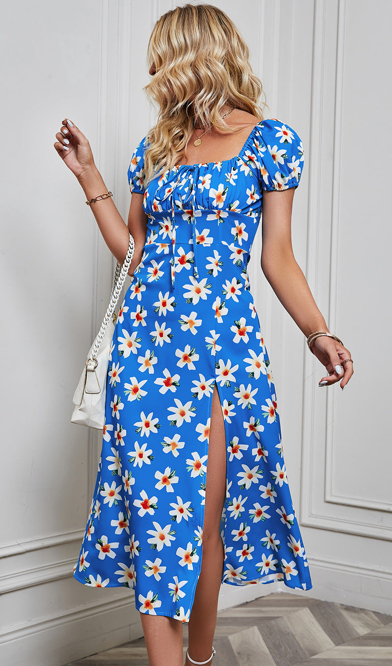 Blue Floral Printed Square Neck Puff Sleeves Tie-Ups A-Line Midi Dress