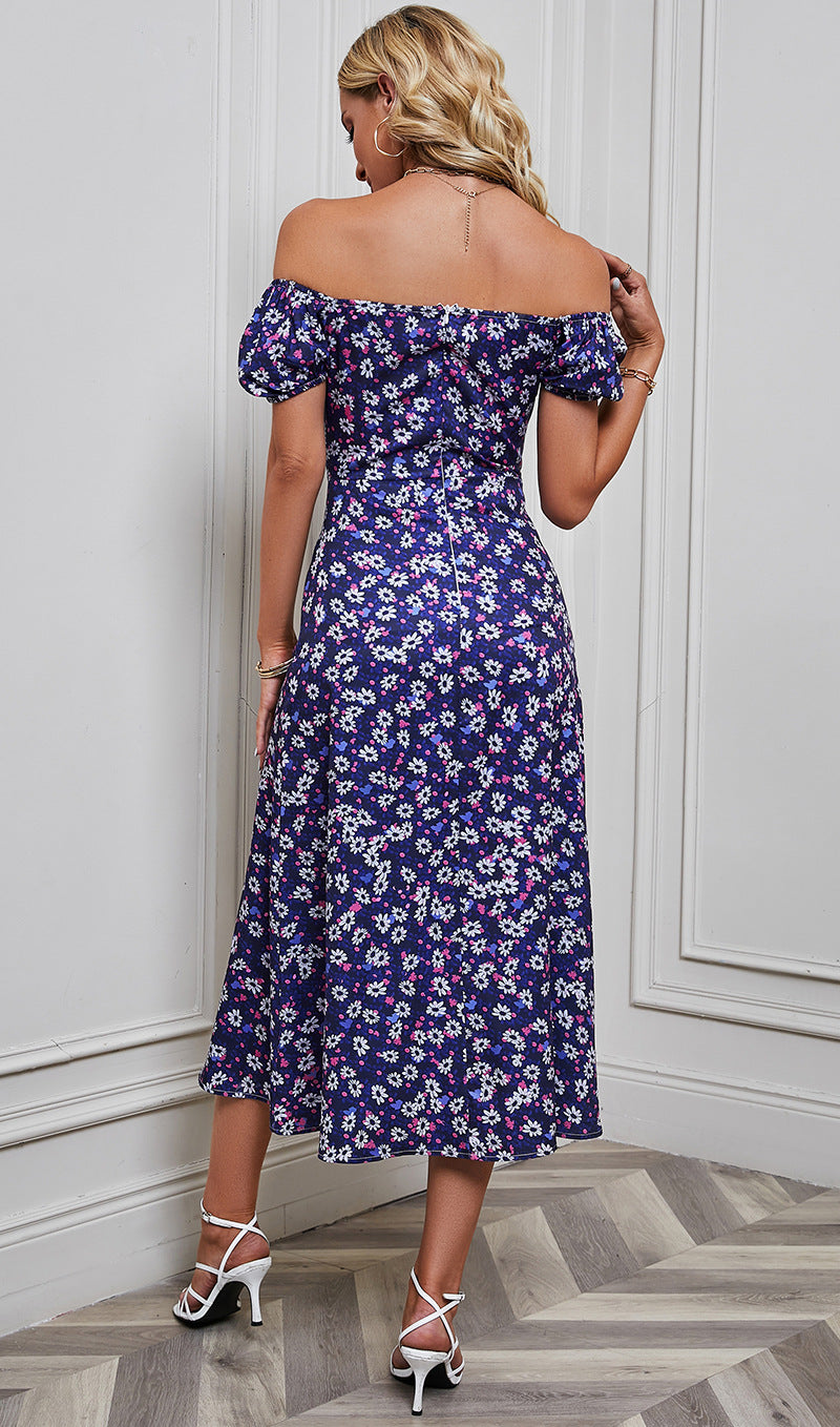 Purple Floral Print Off-Shoulder A-Line Midi Dress