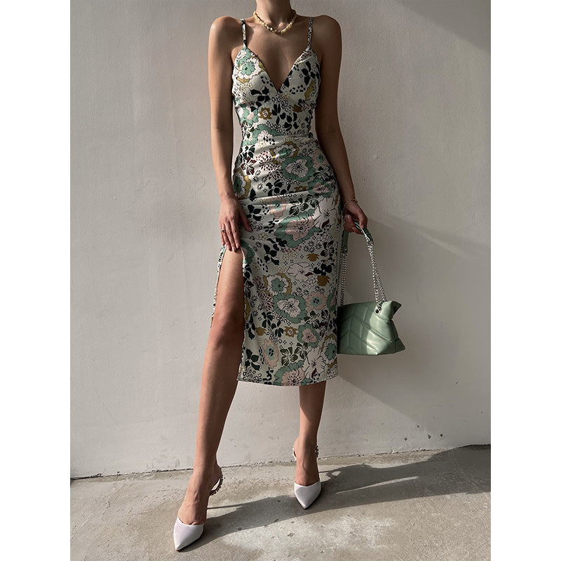 White Floral Printed Tie-Ups Bodycon Midi Dress