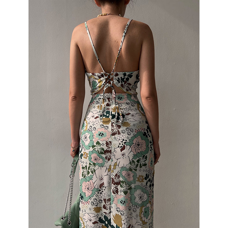 White Floral Printed Tie-Ups Bodycon Midi Dress
