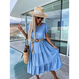 Blue Extended Sleeves Layered Fit & Flare Midi Dress