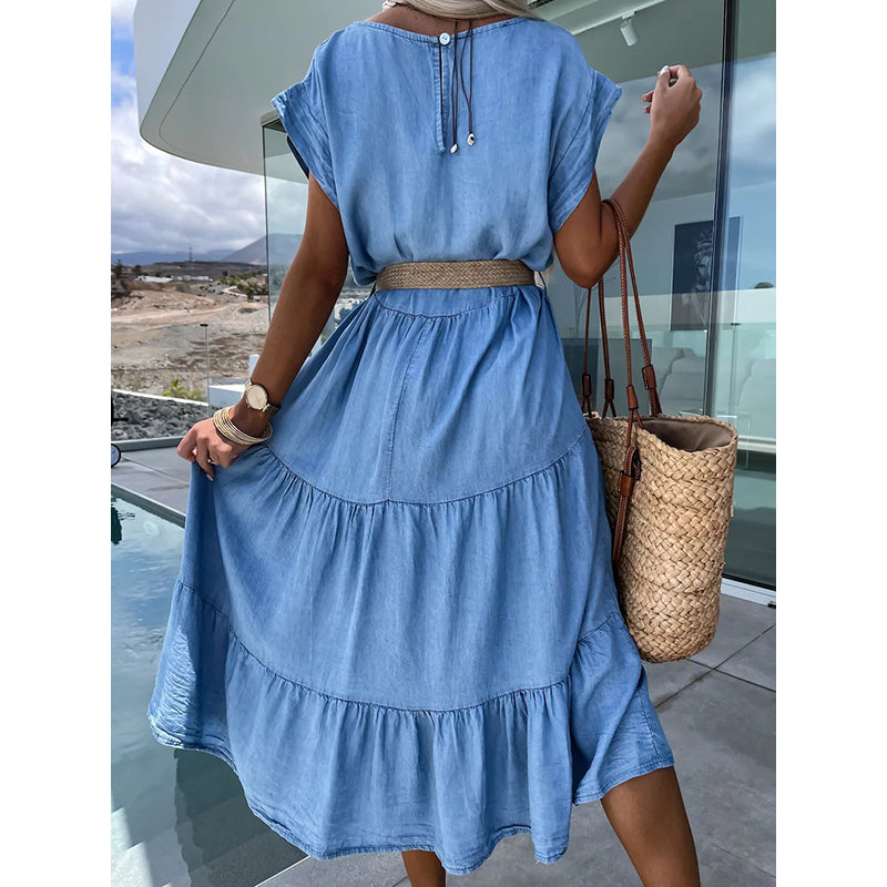 Blue Extended Sleeves Layered Fit & Flare Midi Dress