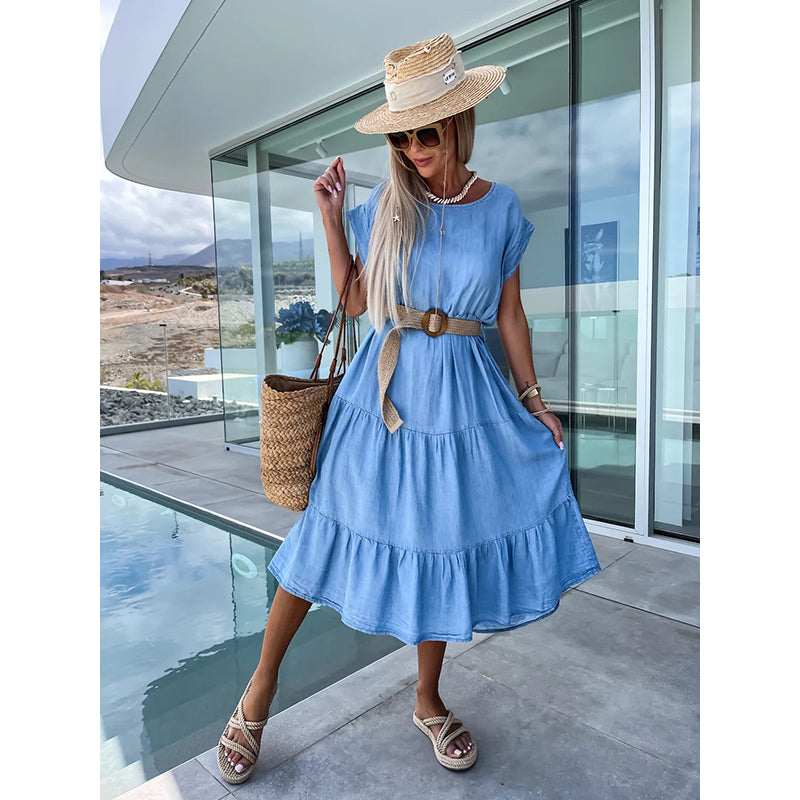 Blue Extended Sleeves Layered Fit & Flare Midi Dress