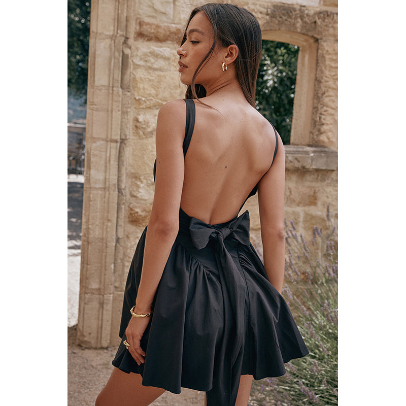 Black Shoulder Straps Bow Fit & Flare Mini Dress