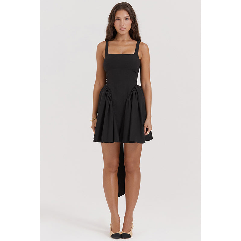 Black Shoulder Straps Bow Fit & Flare Mini Dress