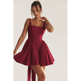 Red Square Neck Sleeveless Bow Fit & Flare Mini Dress