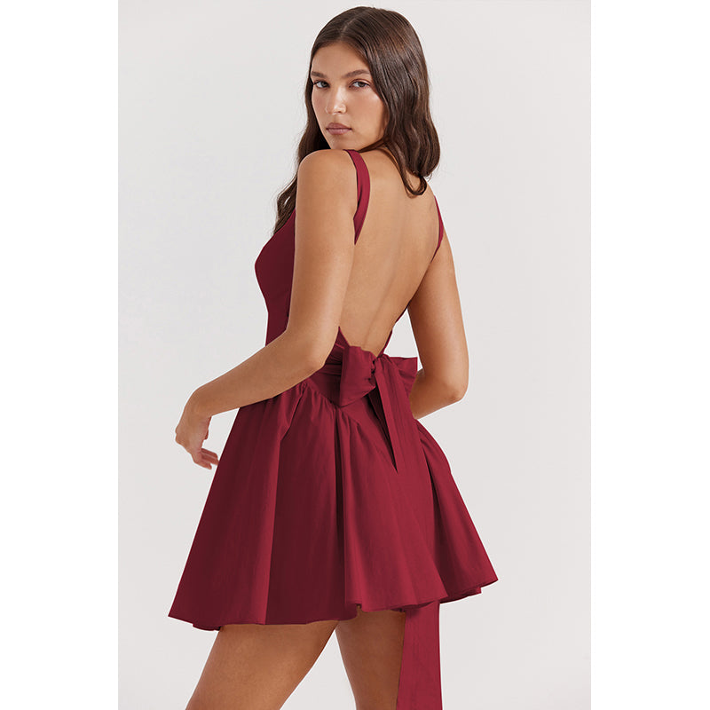 Red Square Neck Sleeveless Bow Fit & Flare Mini Dress