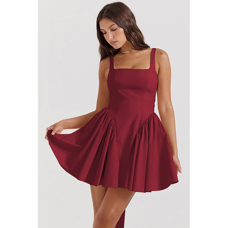 Red Square Neck Sleeveless Bow Fit & Flare Mini Dress