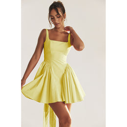 Yellow Square Neck Shoulder Straps Bow & Gathered Fit & Flare Mini Dress