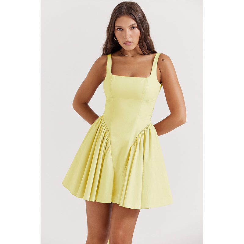 Yellow Square Neck Shoulder Straps Bow & Gathered Fit & Flare Mini Dress