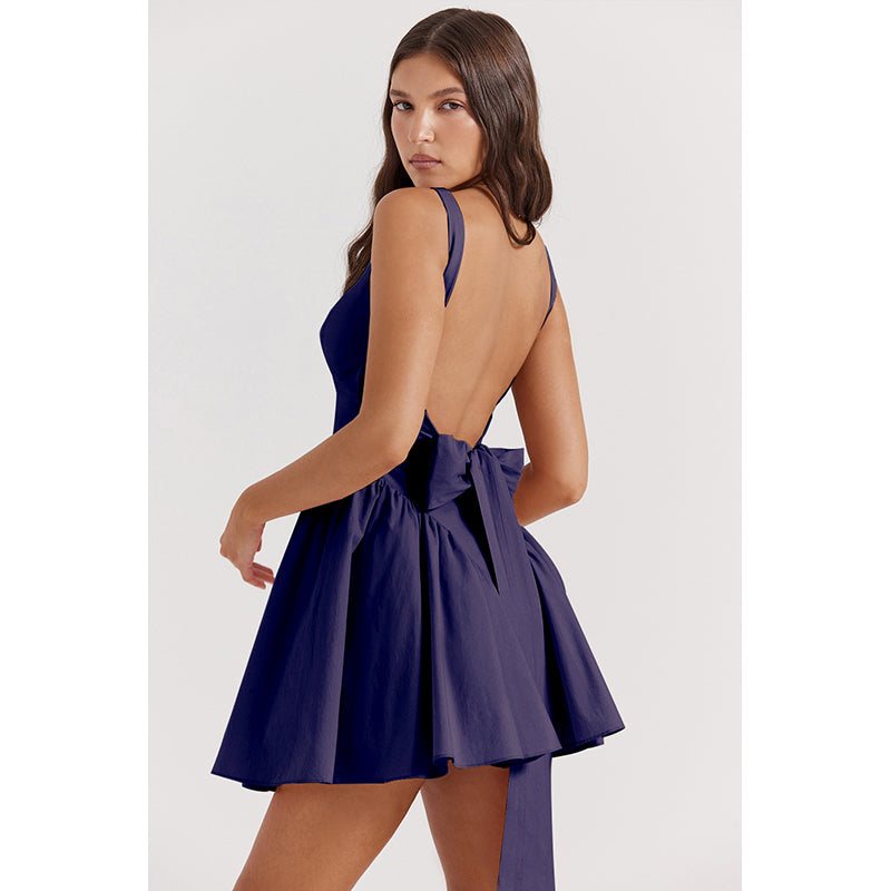 Navy Blue Shoulder Straps Gathered Fit & Flare Mini Dress