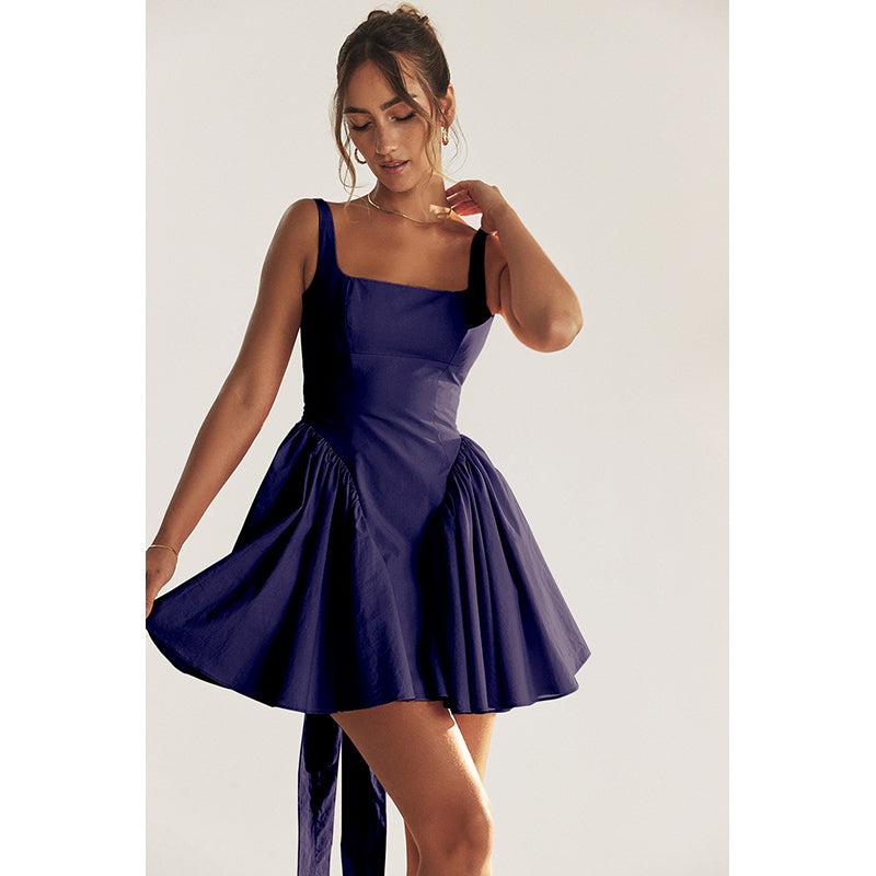 Navy Blue Shoulder Straps Gathered Fit & Flare Mini Dress
