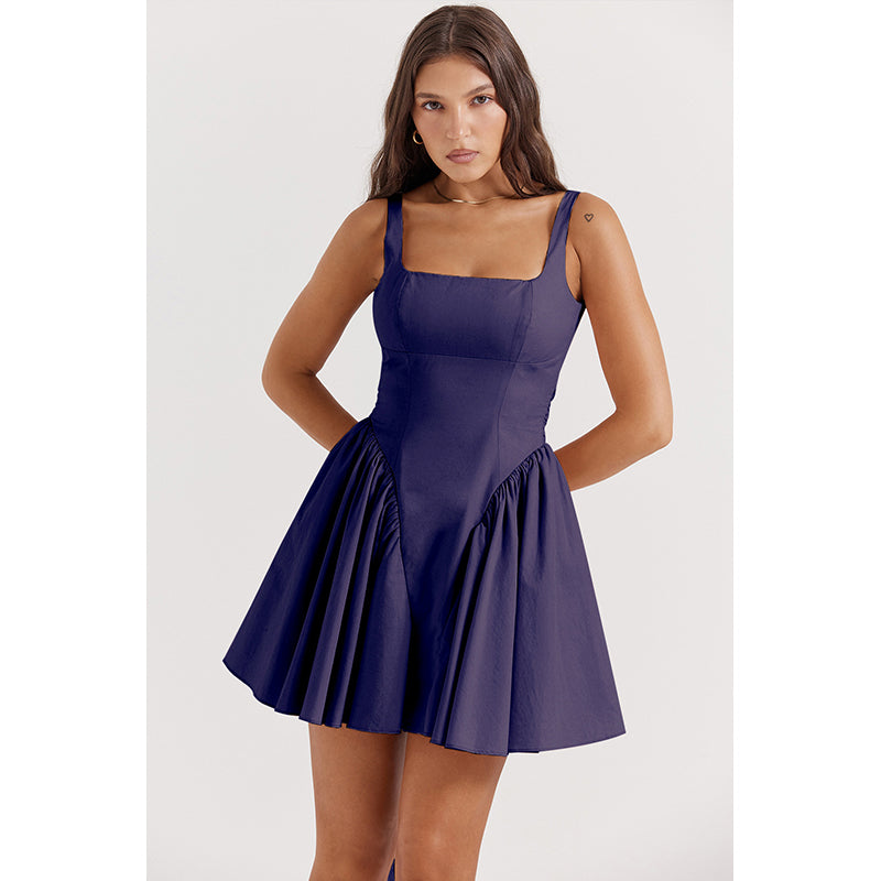 Navy Blue Shoulder Straps Gathered Fit & Flare Mini Dress