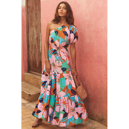 Pink Floral Printed One Shoulder Puff Sleeves Tiered A-Line Maxi Dress