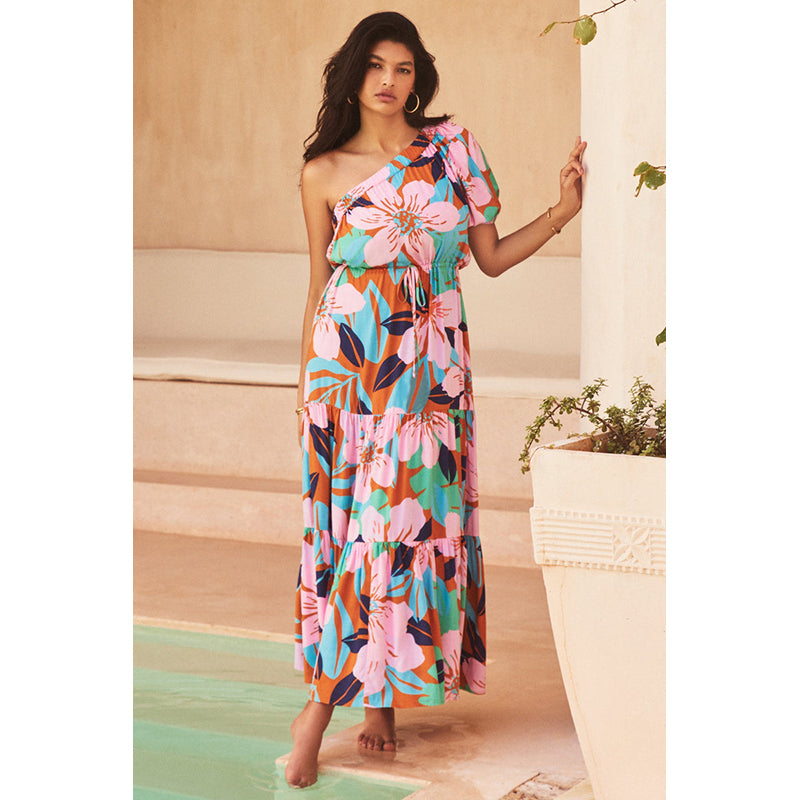 Pink Floral Printed One Shoulder Puff Sleeves Tiered A-Line Maxi Dress
