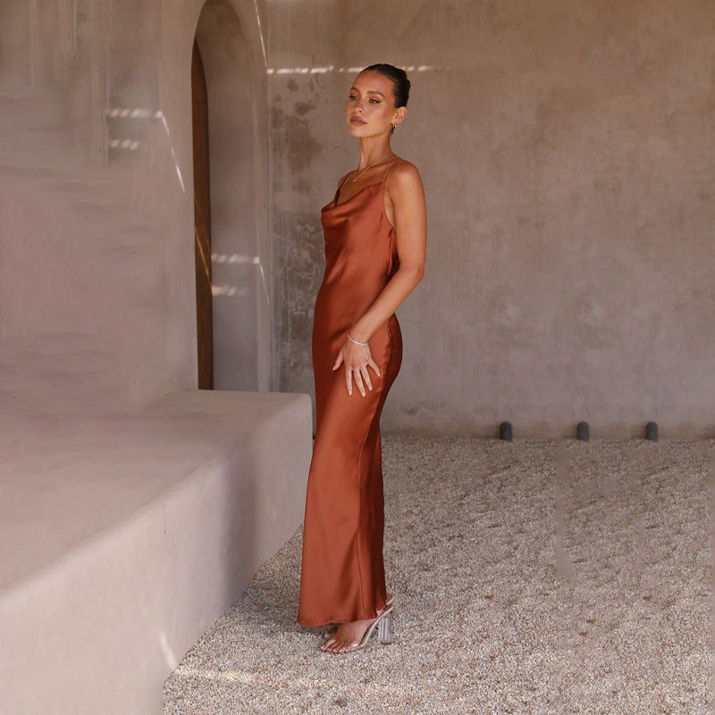 Brown Cowl Neck Shoulder Straps Fit & Flare Maxi Dress