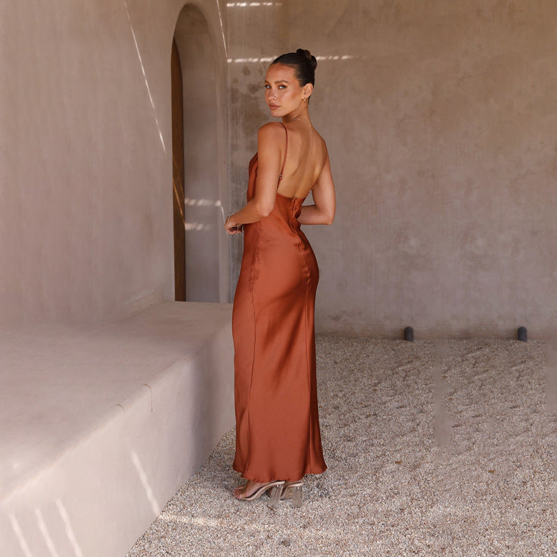 Brown Cowl Neck Shoulder Straps Fit & Flare Maxi Dress