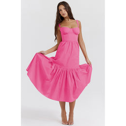 Pink Shoulder Strap Layered A-Line Midi Dress
