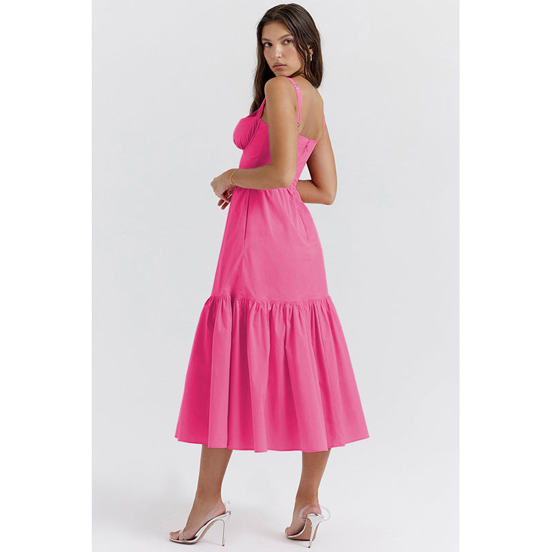 Pink Shoulder Strap Layered A-Line Midi Dress