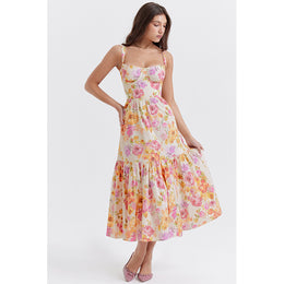 Orange Floral Printed A-Line Midi Dress