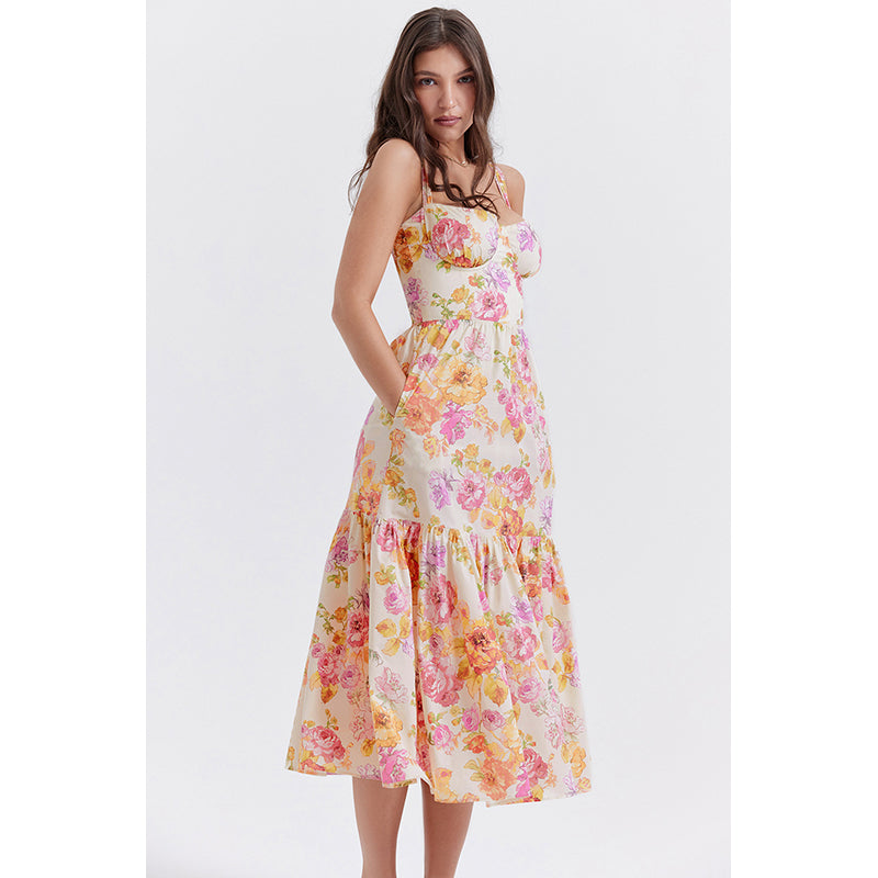 Orange Floral Printed A-Line Midi Dress