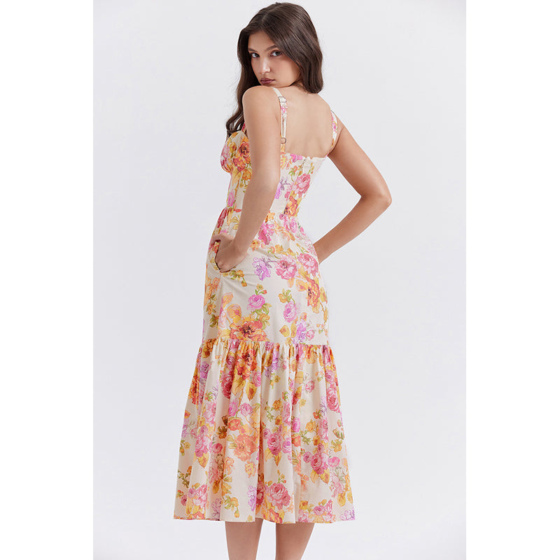 Orange Floral Printed A-Line Midi Dress
