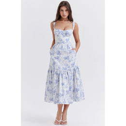Blue Floral Printed Shoulder Straps Tiered Detail Fit and Flare Midi Dress
