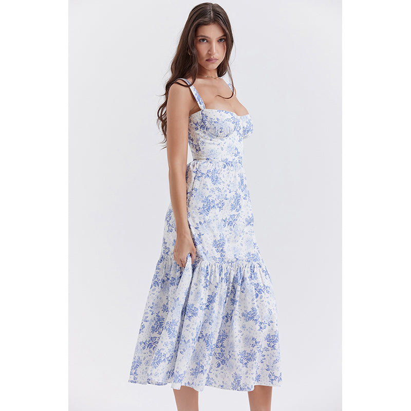 Blue Floral Printed Shoulder Straps Tiered Detail Fit and Flare Midi Dress