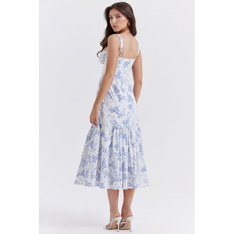 Blue Floral Printed Shoulder Straps Tiered Detail Fit and Flare Midi Dress