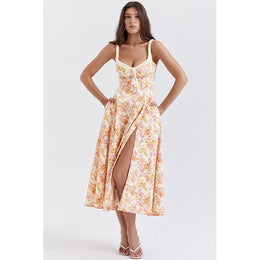 Orange Floral Print A-Line Midi Dress