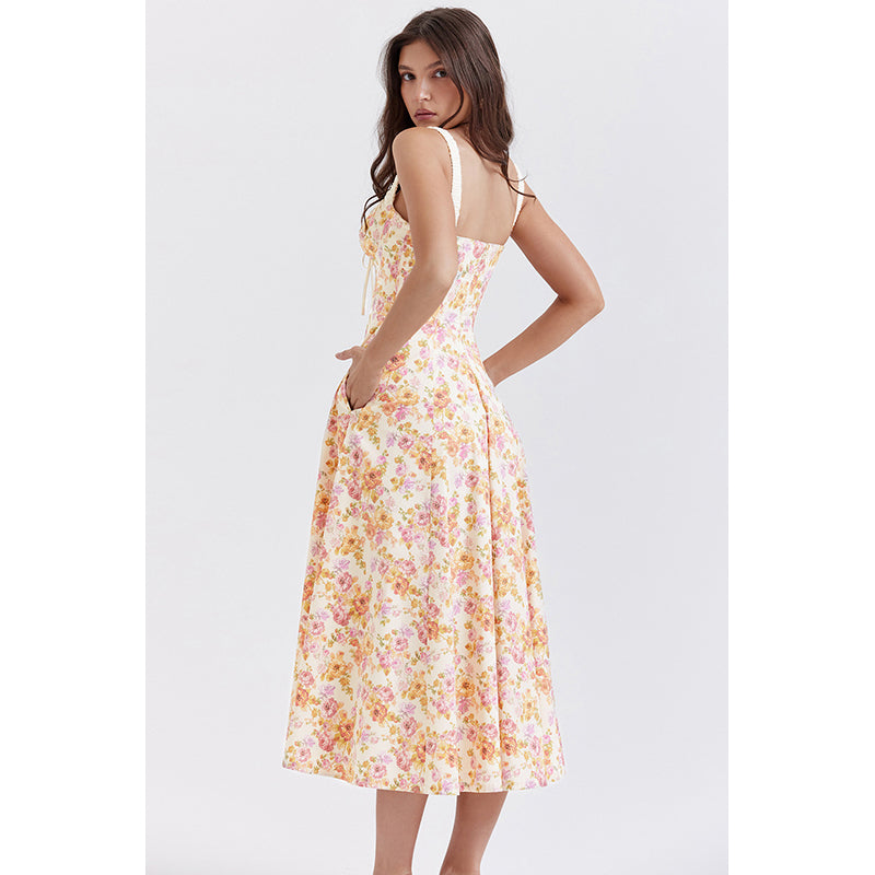 Orange Floral Print A-Line Midi Dress
