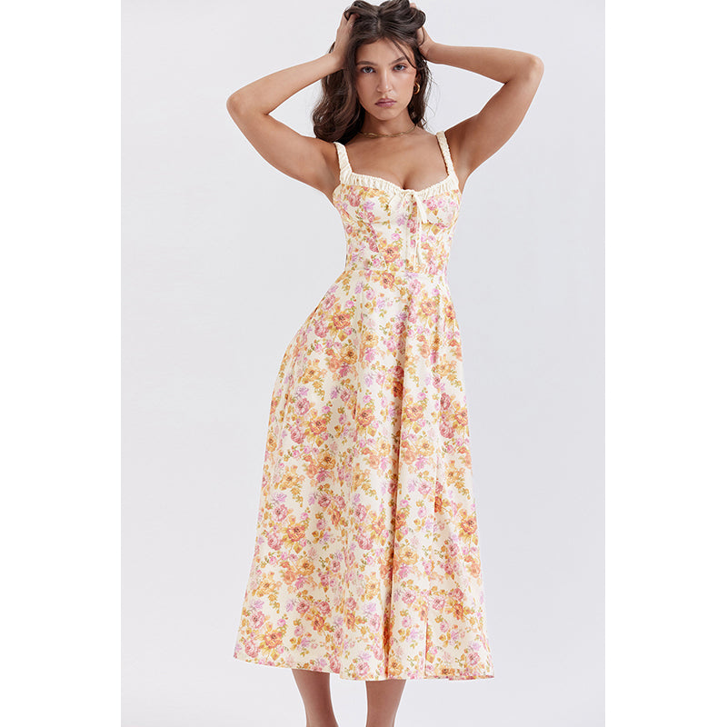 Orange Floral Print A-Line Midi Dress