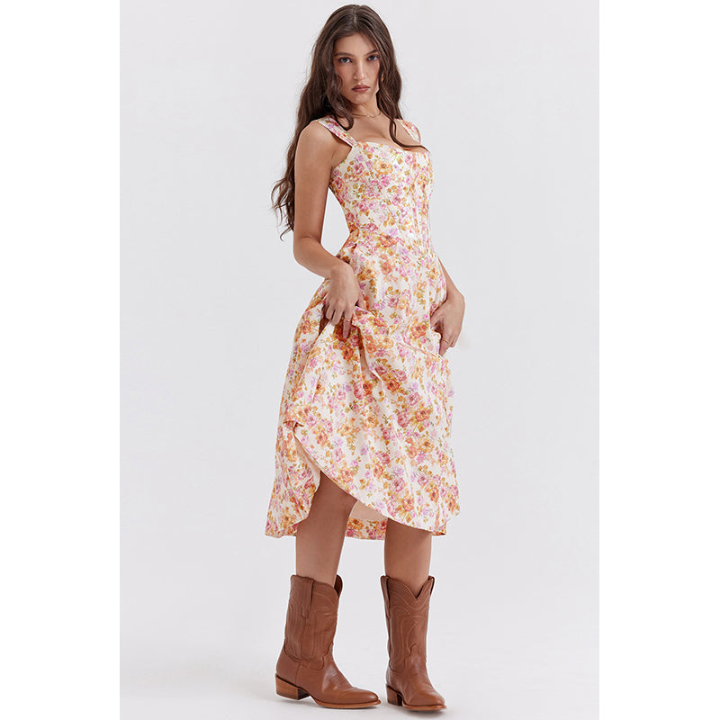 Floral Print Square Neck A-Line Dress