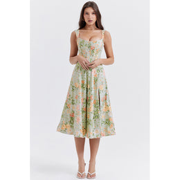 Green Floral Print Sleeveless Knee Length Dress