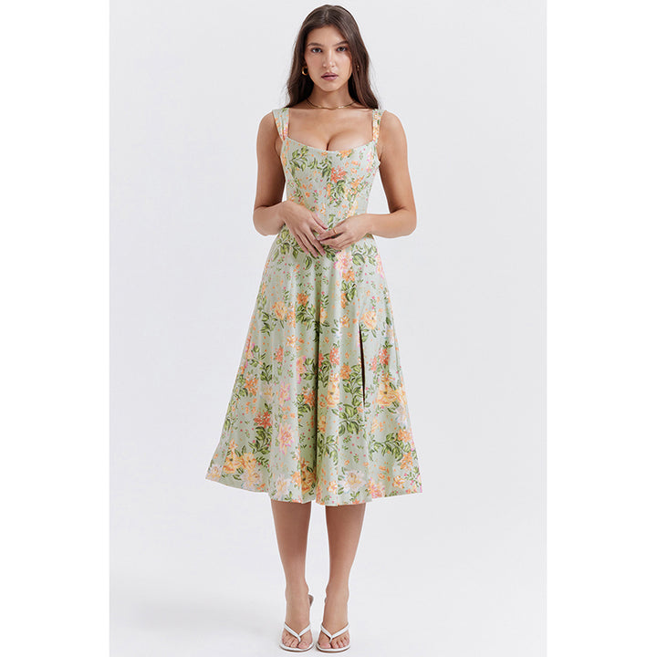 Green Floral Print Sleeveless Knee Length Dress