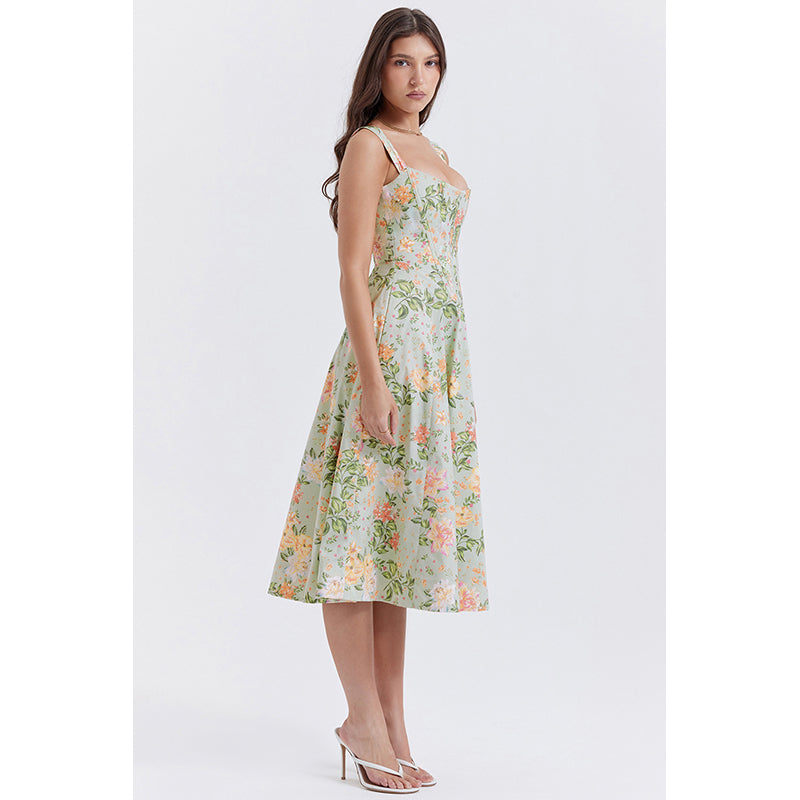 Green Floral Print Sleeveless Knee Length Dress
