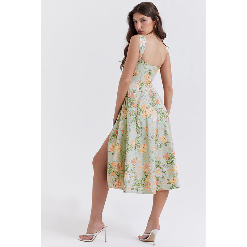 Green Floral Print Sleeveless Knee Length Dress