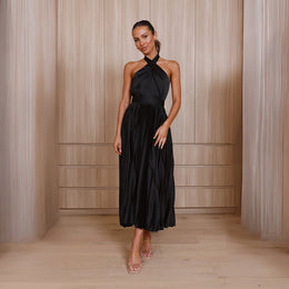 Halter Neck Fit and Flare Sleeveless Maxi Dress