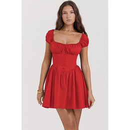 Red Square Neck Puff Sleeve Fit & Flare Mini Dress