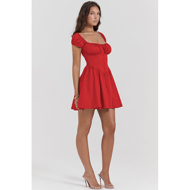 Red Square Neck Puff Sleeve Fit & Flare Mini Dress